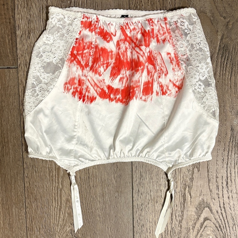 Dolls Kill White Satin Slip Mini Skirt w Garter Straps & Fake Blood Print